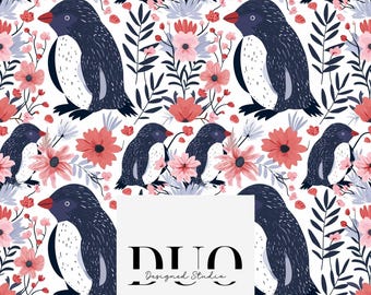 Floral Penguins Seamless Pattern, Watercolour Penguin Pattern, Penguin Digital Paper,  Digital Download, Commercial Licence, Non-Exclusive