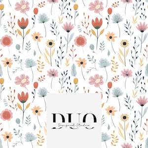Könnte beinhalten: Ein nahtloses Muster mit verschiedenen bunten Blumen und Blättern auf weißem Hintergrund. Die Blumen sind in den Farben Rosa, Rot, Orange und Gelb gehalten. Die Blätter sind in Grün- und Blautönen gehalten. Das Muster wiederholt sich über das gesamte Bild. Der Text "DUO Designed Studio" befindet sich in der Mitte des Bildes.