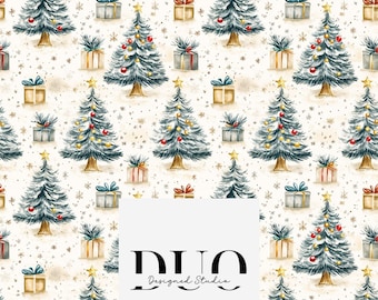 May include: Watercolor pattern featuring Christmas trees adorned with ornaments and star toppers, interspersed with wrapped gifts. The design includes a neutral background with subtle snowflake accents. The DUO Designed Studio logo is visible at the bottom.
