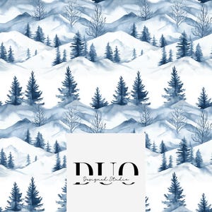 May include: Watercolor illustration of a winter landscape with snow-covered mountains and evergreen trees in shades of blue. The image has a repeating pattern. The text "DUO Designed Studio" is in the lower center.