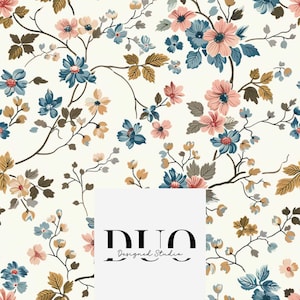 May include: A seamless pattern featuring a white background with a repeating design of blue, pink, and brown flowers. The flowers are arranged in a random pattern and are surrounded by green leaves. The text "DUO Designed Studio" is in the lower right corner of the image.