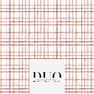 Puede incluir: Un patrón de cuadros de acuarela en tonos rojos, marrones y grises sobre un fondo blanco. El diseño presenta líneas que se cruzan creando un efecto de cuadrícula. El texto "DUO Designed Studio" se muestra en negro sobre un cuadrado blanco.