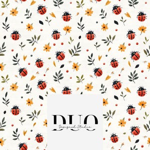 May include: A repeating pattern of red ladybugs with black spots, yellow flowers, and green leaves on a cream background. The design includes small red dots and yellow leaf shapes. The text "DUO Designed Studio" is at the bottom.