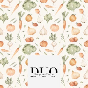 May include: A seamless pattern featuring watercolor illustrations of various vegetables, including carrots, onions, garlic, turnips, potatoes, and leafy greens. The background is a light cream color.