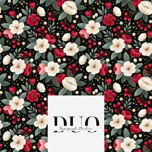May include: A seamless pattern featuring white and red flowers with green leaves and small red berries on a black background. A white rectangular overlay in the center displays the black text DUO Designed Studio in a serif and script font.