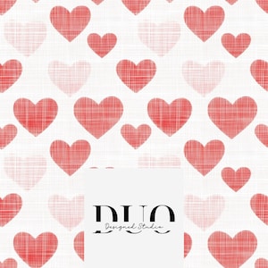 May include: A seamless pattern of red and pink hearts on a white background. The hearts are textured to look like fabric. The pattern is perfect for Valentine's Day or any romantic occasion.