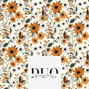 May include: A floral pattern featuring orange, white, and cream-colored flowers with green and brown leaves. The design includes a variety of flower sizes and shapes, creating a dense, repeating pattern. The text "DUO Designed Studio" is at the bottom.