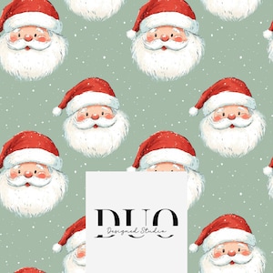 May include: A repeating pattern of Santa Claus faces on a light green background with white snowflakes. Each Santa has a red hat and a white beard. The image includes the text "DUO Designed Studio".
