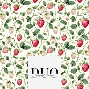 May include: A seamless pattern featuring watercolor illustrations of red strawberries and white flowers on a white background. The pattern is repeated throughout the image. The text "DUO Designed Studio" is in the center of the image.