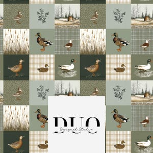 May include: A patchwork design featuring ducks, reeds, and forest scenes in shades of green, brown, and beige. The design includes a logo that reads "DUO Designed Studio."