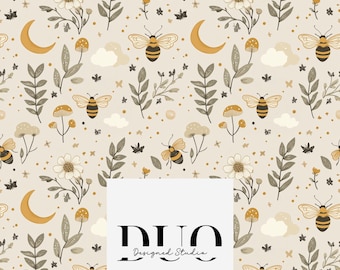 Patrón sin costuras de abejas y lunas, patrón de superficie de mosaico repetido, descarga de papel digital de tela Licencia comercial no exclusiva