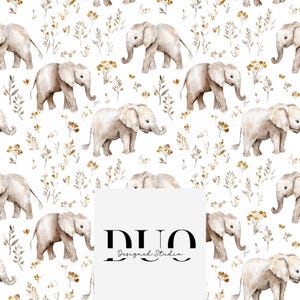 May include: A seamless pattern featuring watercolor illustrations of elephants and foliage. The elephants are light brown and have a whimsical, cartoon-like style. The foliage is a muted brown and yellow, creating a subtle and elegant background.