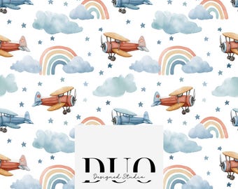 Watercolour Rainbow Planes Seamless Pattern, Airplane Digital Paper, Airplane Background, Boy Seamless, Commercial Use