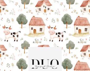 Patrón sin costuras de granja, fondo digital de granja, fondo de vaca, fondo de granja, mosaico repetido, descarga digital de tela
