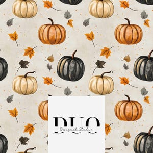 May include: A seamless pattern featuring various pumpkins in shades of orange, beige, and black, with scattered autumn leaves in shades of orange, brown, and gray on a beige background. The text "DUO Designed Studio" is centered on a white rectangle.