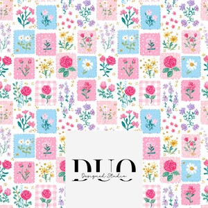 May include: A repeating pattern of floral squares in pink, blue, and white. Each square features a different watercolor flower design, including roses, daisies, and lavender. The design is set against a white background with a logo that says "DUO Designed Studio."