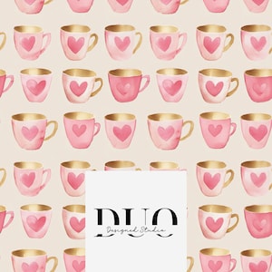 Heart Teacups Seamless Pattern, Seamless Teacup Background, Repeat Tile Surface Pattern, Fabric Digital Paper, Commercial Use