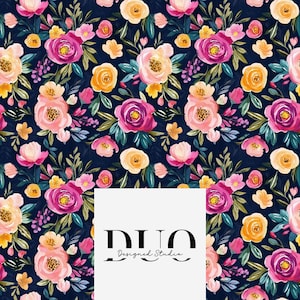 Könnte beinhalten: Ein nahtloses Muster mit rosa, gelben und türkisfarbenen Blumen auf dunkelblauem Hintergrund. Das Muster wiederholt sich über das gesamte Bild. Der Text "DUO Designed Studio" befindet sich in der unteren rechten Ecke des Bildes.