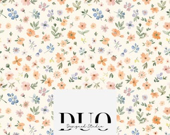 May include: A floral pattern featuring watercolor-style flowers in shades of peach, pink, blue, and lavender, with green leaves, set against a cream background. The design includes the text "DUO Designed Studio".
