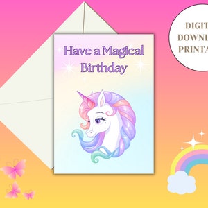 Printable Magical Unicorn Digital Card, Happy Birthday Unicorn, Magical Happy Birthday for Kids, Magical Wishes, Party for Kids, Magic Gift