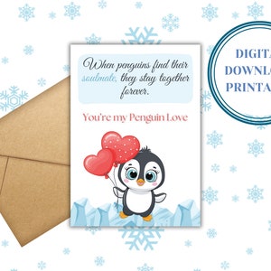 Tarjeta digital de San Valentín, tarjeta de pingüino, tarjeta de amor, tarjeta imprimible, tarjeta digital imprimible de aniversario.