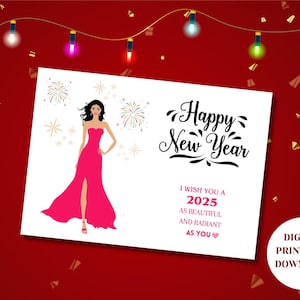 Carte de voeux imprimable pour le Nouvel An 2025, téléchargement numérique élégant avec message « Happy New Year » Beaux voeux pour le Nouvel An, téléchargement immédiat