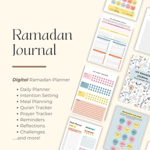 May include: A digital Ramadan planner with colorful pages featuring a daily planner, habit tracker, goal setting, and pre-Ramadan challenge sections. The planner includes floral illustrations and the text "My Ramadan Journal".