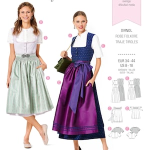 May include: Two women model traditional Dirndl dresses. One wears a blue and purple dress with a white blouse, the other a green skirt and white blouse. The image includes the text "burda style" and "6268".