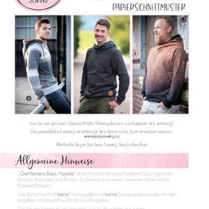 Könnte beinhalten: Ein Papierschnittmuster für einen Gentlemens Basic Hoodie in den Größen XS-3XL von Jessy Sewing. Das Bild zeigt drei Varianten des Kapuzenpullovers: eine grau-weiße Farbblock-Version, eine einfarbige dunkelgraue Version und eine braune Ombré-Version.