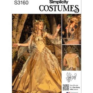 May include: A golden fairy costume with a flowing gown, sheer sleeves, and a matching headpiece. The costume features a corset back and is part of the Simplicity Costumes collection. The image includes the product code S3160.
