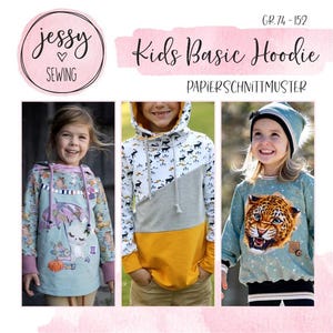May include: A sewing pattern for a kids basic hoodie labeled Jessy Sewing Gr. 74-152. The image displays three variations of the hoodie: one with a light blue animal print, one with a white, gray, and yellow color-blocked design, and one with a leopard graphic.