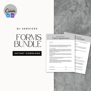 May include: A printable DJ services forms bundle with a black and white design. The text "Forms Bundle" is in a large font and the text "Instant Download" is in a smaller font. The forms include a client agreement and a client contract.