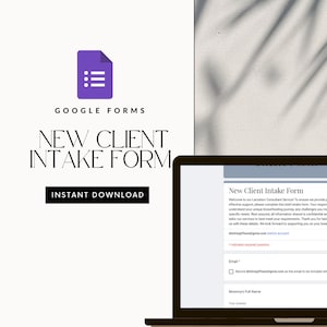 以下が含まれることがあります： Googleフォームの新しいクライアント受付フォームが表示されたラップトップの画面。フォームのタイトルは「新しいクライアント受付フォーム」で、メールアドレスと母親のフルネームのフィールドが含まれています。