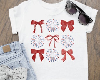 Chemise enfant noeud aquarelle et feux d'artifice du 4 juillet, t-shirt fête de l'indépendance à smocks