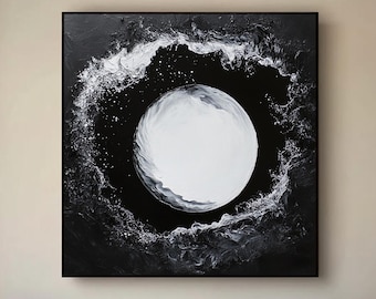 絵画　アクリル画　原画　月影　げつえい　テクスチャーアート　月　モノクロ　Ｓ.Ｉ 大きな絵、白黒の絵、桜、満月、手作りの絵、オリジナルの絵、ユニーク