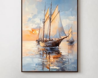 Abstract Sailboats Canvas Art: Textured Coastal Oil Painting