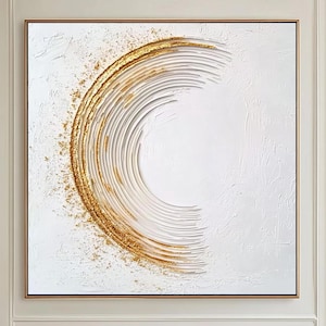 White Golden Circle Textured Canvas Art,Minimalist Abstract Oil Painting,Circle Acrylic Painting,Golden Circle Wall Art,Personalized Gifts