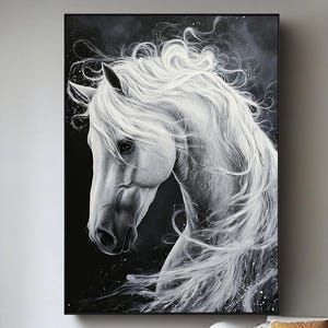 美しさと力強さ、馬と海の油絵、キャンバス上の白い馬のアート、白い馬