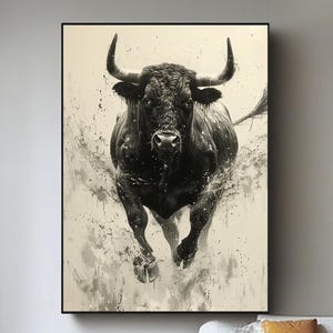 Abstract Black Bull Oil Painting on Canvas,Original Bull Canvas Wall Art,Modern Hand Painted Animal Painting,Contemporary Art,Bedroom Decor