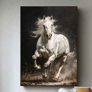 Groot rennend paard schilderij op doek, olieverfschilderij van het witte paard, dier kunst aan de muur, dier acryl abstract schilderij, paard canvas kunst aan de muur