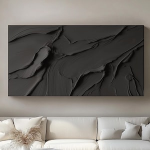 Minimalistische abstrakte schwarze Malerei auf Leinwand, schwarze strukturierte Leinwandkunst, schwarze 3D-Texturmalerei, moderne schwarze Wanddekoration, Wohnzimmerkunst