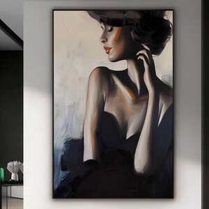 Originale dipinto di donna elegante, dipinto murale di ragazza, ritratto glamour, semplice arte di donna nera, moderna pittura a olio di moda, decorazione per la casa