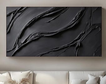 3D Black Textured Painting: Minimalist Acrylic Canvas Art