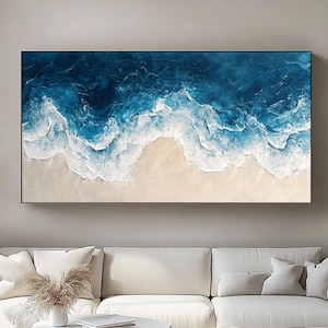 Original Blue Ocean Beach Canvas Painting,Texture Ocean Wall Art,Blue White Textured Wall Art,Custom Abstract Beach Art,Seascape Painting