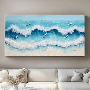 Original Sea Surfing Oil Painting on Canvas,3D Minimalist Blue Ocean Waves Painting,Modern Ocean Wall Art,Happy Coast Art,Personalized Gift