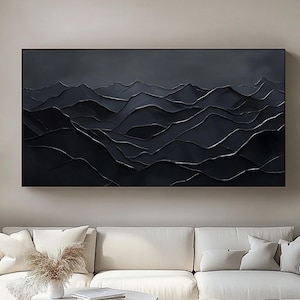 Moderne schwarze Welle 3D Textur Malerei auf Leinwand, minimalistische strukturierte Wand Malerei, zeitgenössische Kunst, 3D schwarz strukturierte Kunst,, schwarze Wand-Dekor