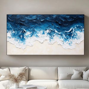Large Blue White 3D Textured Coastal Wall Art,Blue Sea Waves Oil Painting,Ocean Acrylic Painting,Abstract Ocean Wall Art,Living Room Decor