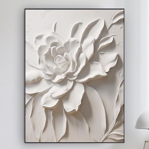 Grande dipinto a olio con texture di fiori in gesso bianco 3D, dipinto a parete con texture di fiori bianchi 3D, dipinto a spatola con fiori, dipinto acrilico
