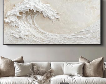 Textured Beige Wave Oil Painting On Canvas: 3D Abstract Art