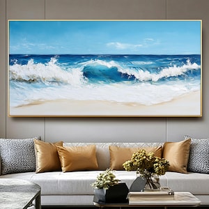 Blue 3D Ocean Oil Painting on Canvas,Sandy Beach Wave Painting,Texture Ocean Wall Art,Panoramic Coastal Beach Wall Art,Living Room Decor